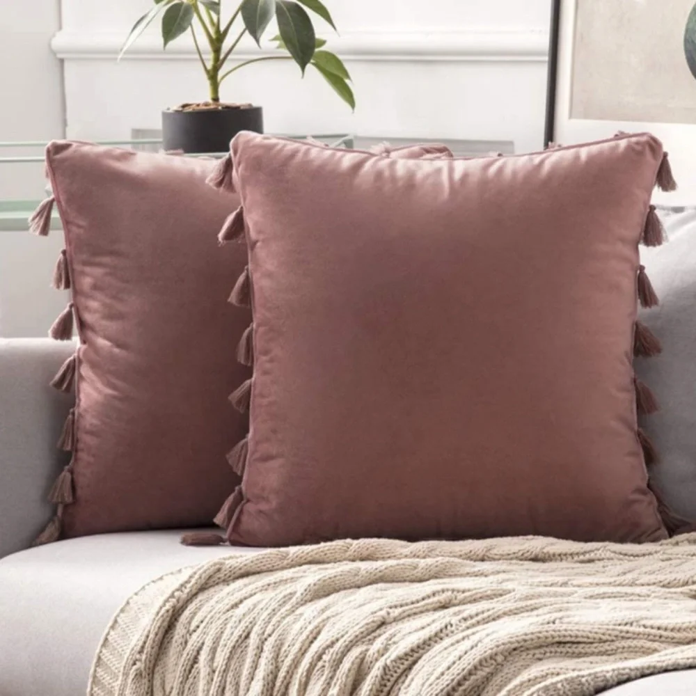 Luxury Home | Oversized Boho Chic Mauve Soft Velvet Tassel Trim Pillow Covers